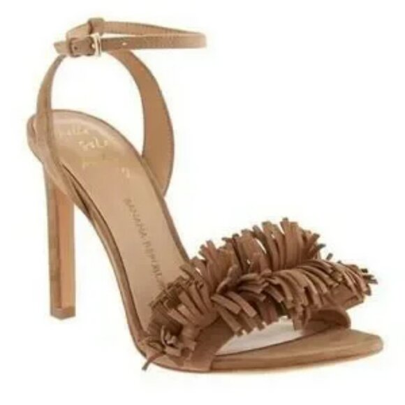 Womens Banana Republic Tan Honey Open Toe Suede Fringe Ankle Strap Heels 7.5 - Picture 1 of 11